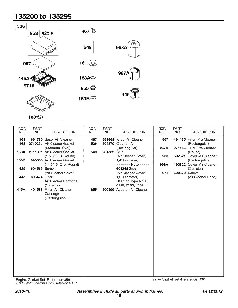 Air Cleaner Groups Diagram and Parts List for 135207-0325-XX  Briggs and Stratton Engine
